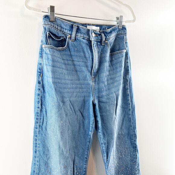 LOFT High Rise Straight Leg Raw Frayed Hem Rhinestone Jeans Blue 2 / 26 - Picture 10 of 10